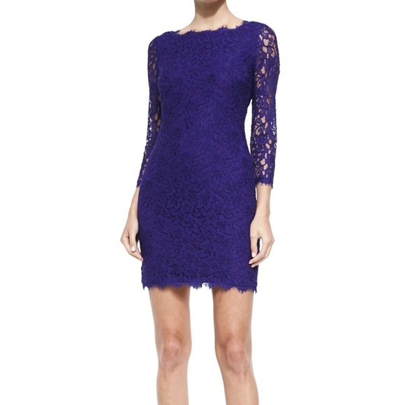 Diane von Furstenberg Zarita  in Chrome Purple 3/4-Sleeve Fitted Lace Dress Sz10 - Picture 1 of 14